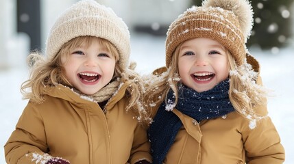 Fototapeta premium Two cheerful children smile joyfully in winter attire, surrounded by snow, capturing a moment of warmth and happiness.