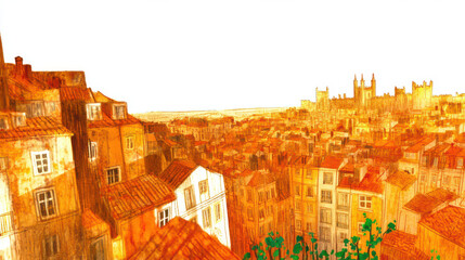 A sepia-toned aerial view of a densely packed European cityscape with traditional terracotta-roofed buildings and historic architecture.