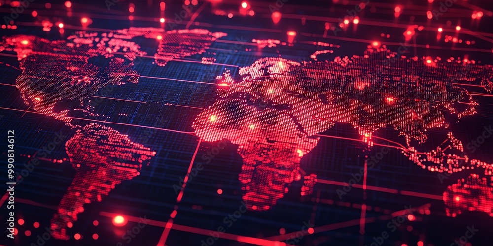 Poster a futuristic and abstract digital rendering of the world map with red lights.