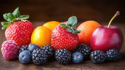 Obraz premium Fresh assortment of colorful fruits including strawberries, raspberries, blueberries, and a red apple on a wooden surface
