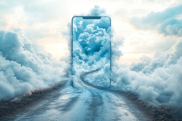 Ethereal winding road through clouds with phone portal