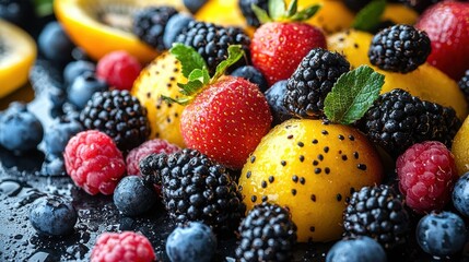 Fresh assortment of colorful fruits with berries and tropical flavors on a dark background showcasing vibrant details