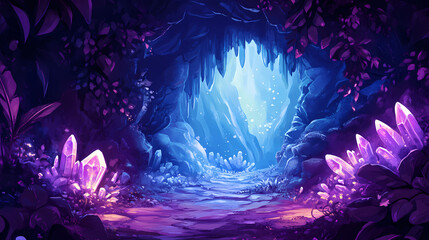 Illustration of a mystical cave entrance engulfed in glowing vines and shimmering crystals, leading into a fantastical underworld, with an aura of mystery and adventure. Cave of Crystals. Illustration