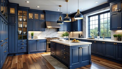 Sophisticated dark blue kitchen cabinets featuring sleek modern fixtures and chic decor create a striking contemporary atmosphere in this beautifully designed home setting.
