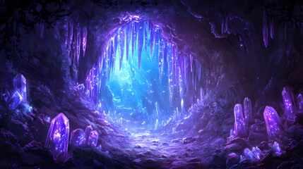 Fototapeta premium Illustration of a mystical cave entrance engulfed in glowing vines and shimmering crystals, leading into a fantastical underworld, with an aura of mystery and adventure. Cave of Crystals. Illustration