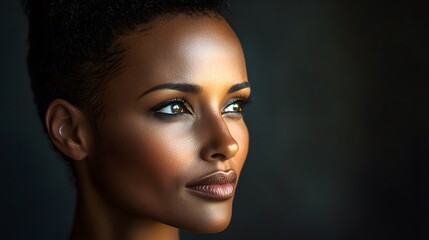 Fototapeta premium Profile of a beautiful young Black woman with striking features and a thoughtful expression.