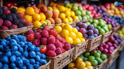 Colorful display of fresh fruits in baskets at a market in the afternoon sunlight showcases a vibrant selection