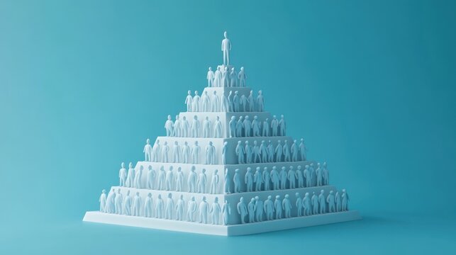 Blue pyramid of miniature people figures on blue background.