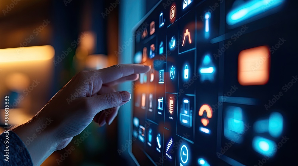Poster a hand interacts with a vibrant touchscreen displaying various digital icons, symbolizing technology