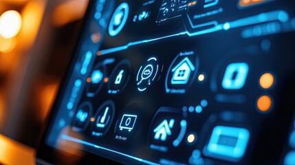 A digital interface featuring smart home controls, with icons representing various home automation features illuminated in blue.
