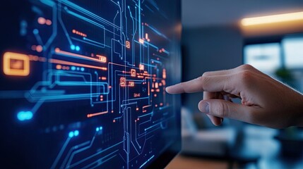 A hand interacts with a digital interface displaying intricate circuitry and glowing elements, suggesting advanced technology and data processing.