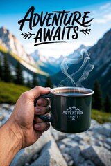 A man holds a green mug with the text "Adventure Awaits" against a scenic mountain backdrop. The steam rises from the cup, adding to the sense of exploration and outdoor adventure