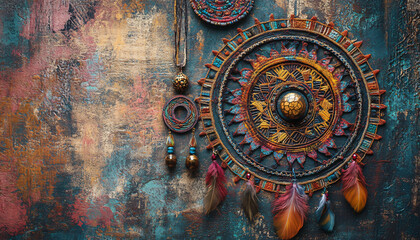 Fototapeta premium A collection of mandalas, dreamcatchers, and earthy tones, with intricate patterns and a warm, laid-back atmosphere