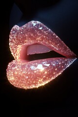 Sparkling lips with pink crystals illuminated by light