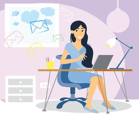 Valentine day concept illustration. A woman works on a computer and receives love messages.