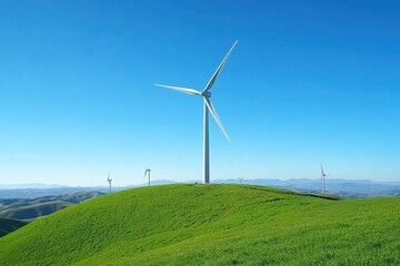 Fototapeta premium Wind turbines stand tall in a lush green field, their blades rotating gracefully in the breeze. The landscape is vibrant and serene, showcasing the harmony between nature and renewable energy.