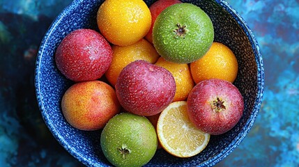 A vibrant bowl of fresh apples and citrus fruits resting on a textured blue background