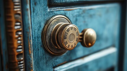 A combination lock on a teal door.