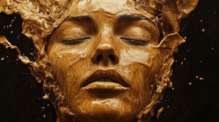 Dramatic liquid cascade over serene face in motion