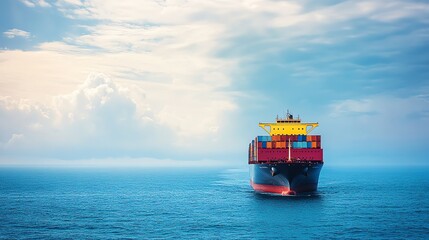 Fototapeta premium A large cargo ship sails on a calm ocean with a clear sky.