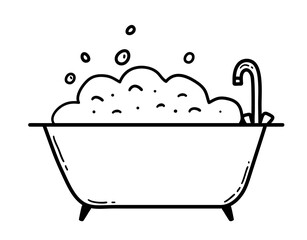 Line art vector illustration of bathtub with soap foam