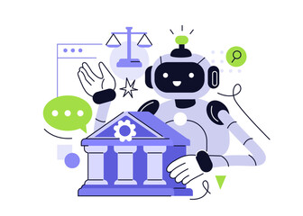 Robot character assistant provide legal advice. Artificial intelligence technology in law, law, justice, tax concept. Vector illustration.