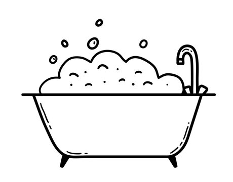recommend clip art: Line art vector illustration of bathtub with soap foam