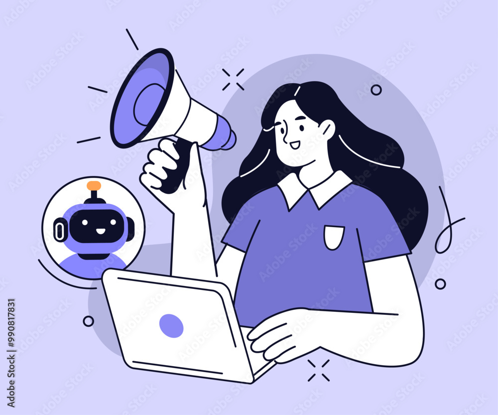Poster woman hold megaphone and use ai tools, algorithms, machine learning in digital marketing. artificial