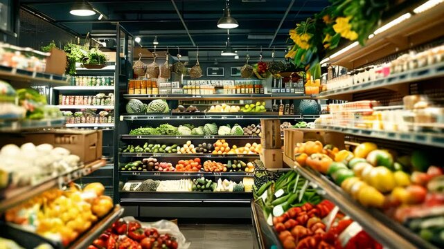 Close up of fresh vegetables and fruits in a grocery store