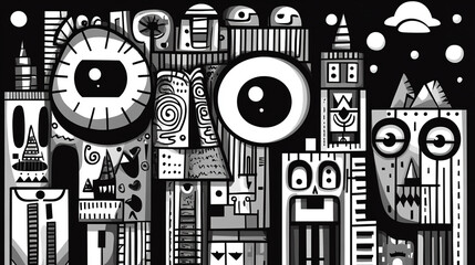 A creative black and white abstract illustration featuring unique shapes, eyes, and whimsical patterns in a cityscape design.
