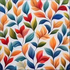 A vibrant pattern of stylized leaves in various colors against a white background, creating a lively and cheerful aesthetic.