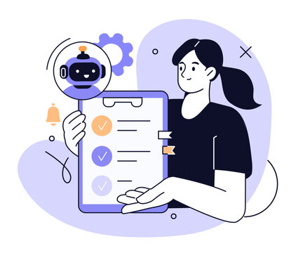AI technology concept. Character working with artificial intelligence, chatbot, generative tools for tasks, checklist, time management. Vector illustration.