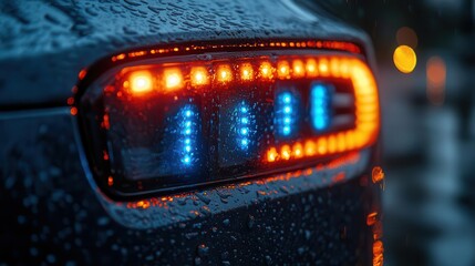 macro shot of an electric car charging port sleek design with glowing blue leds raindrops on surface for added drama shallow depth of field