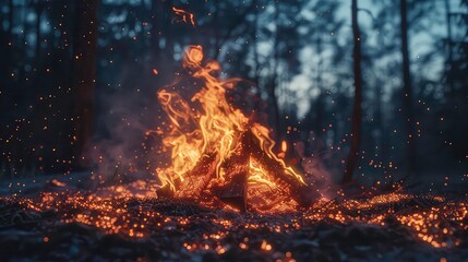A close-up of a bonfire burning brightly in the forest at dusk, with sparks flying into the air and bokeh lights from trees in the background.