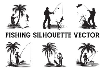 Fisherman and Rod Vector Silhouette Set, Outdoor Fishing Vector Silhouette Illustrations,