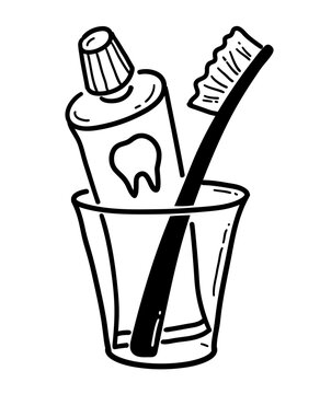 recommend clip art: Line art vector illustration of toothbrush and toothpaste in glass