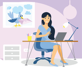 Valentine day concept illustration. A woman works on a computer and receives love messages.