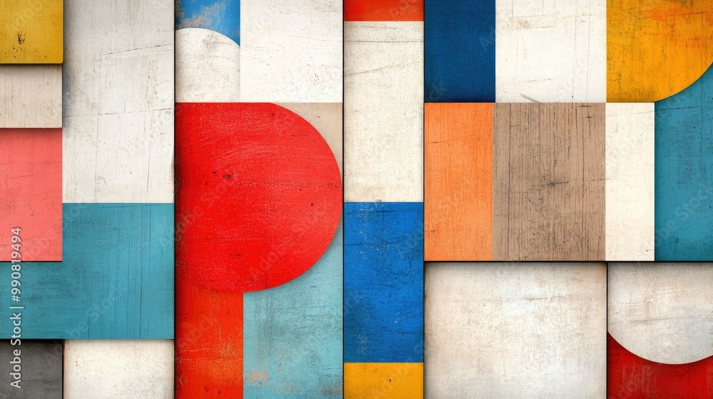 Poster a vibrant abstract composition featuring geometric shapes and a variety of colors, blending to creat