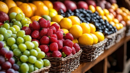 Colorful fruit display at a market with various fresh produce neatly arranged in woven baskets on a sunny day