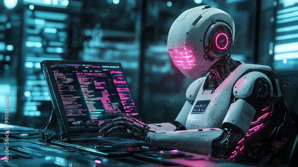 Poster a futuristic robot with pink glowing lights on its head is coding on a laptop with a dark background