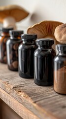 Shelf with various mushroom extracts in dark bottles.