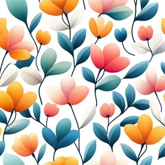 A vibrant floral pattern featuring colorful flowers and leaves on a white background, perfect for digital and print design.