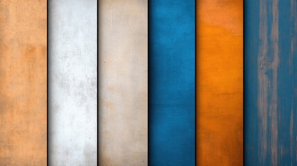 Fototapeta premium A vibrant collection of textured vertical panels in various colors, including blue, orange, and metallic tones, showcasing a modern design aesthetic.