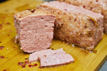 Minced meat baked in the form. Meat production.