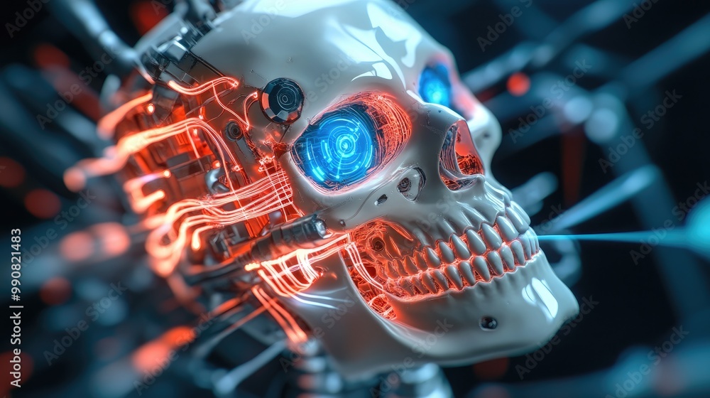 Aufkleber a futuristic robotic skull with glowing circuitry and blue lens eyes, representing advanced technolo