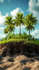 Fototapeta premium 3D render of a small tropical island with palm trees and grass on the ground soil cross section blue sky background low angle view hyper realistic