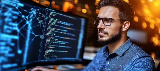 Focused Software Developer Working Late Analyzing Code on a Computer Screen in a Server Room