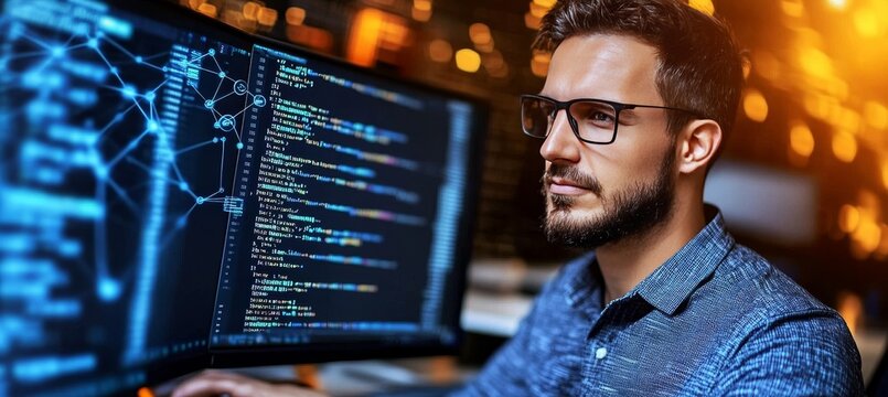 Focused Software Developer Working Late Analyzing Code on a Computer Screen in a Server Room