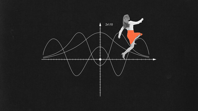 Woman in orange skirt walking in graph-like line, appearing to walk path of mathematical waves, suggesting mastering the rhythm of data and finance. Cotemporary art collage. Business and technology