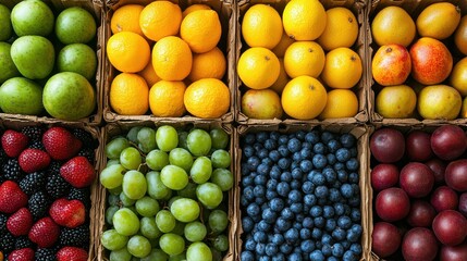 Fresh fruits arranged in vibrant colors at a local market during the daytime, showcasing a variety of seasonal produce